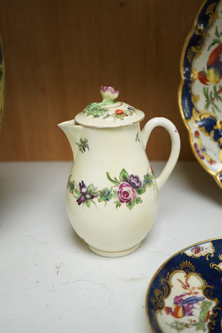 A Worcester scale blue dish - 25cm diameter, a similar cup and saucer and a covered jug, c.1770-80